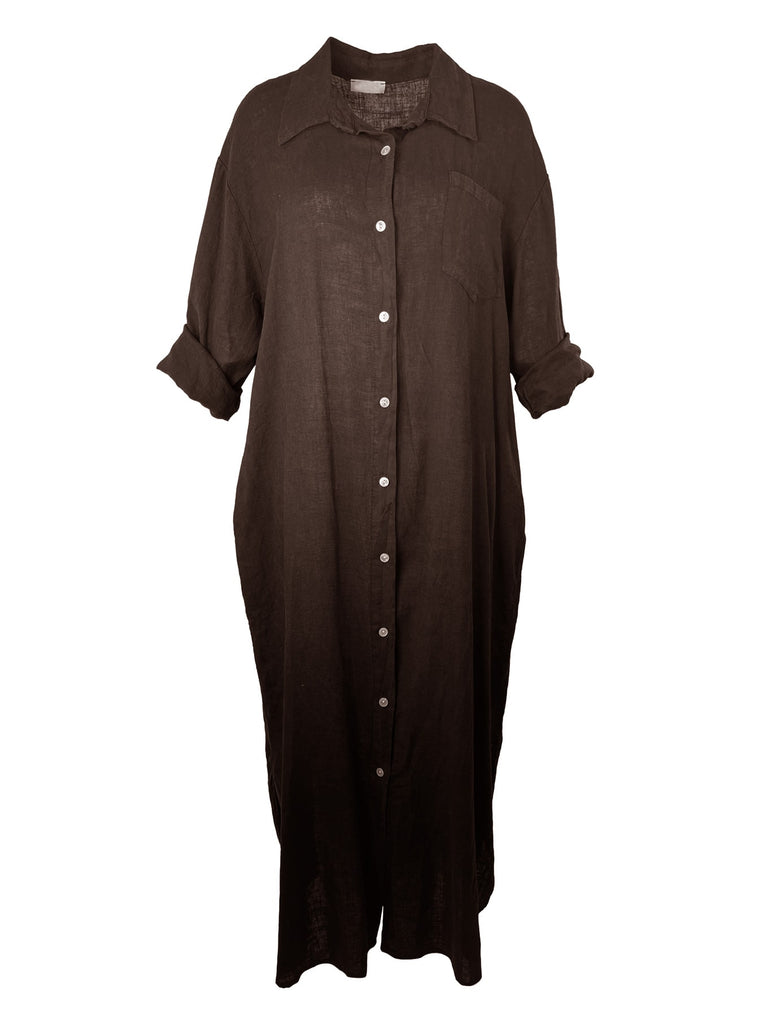 Kleid Leinen lang, braun, Knopfleiste, Ansicht vorn