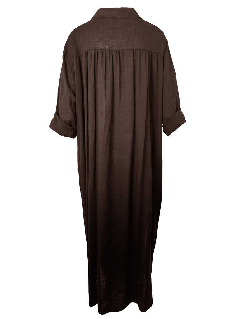 Kleid Leinen lang, braun, Knopfleiste, Ansicht hinten
