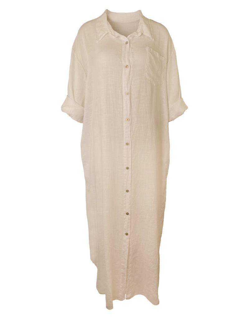 Kleid Leinen lang, beige, Knopfleiste, Ansicht vorn