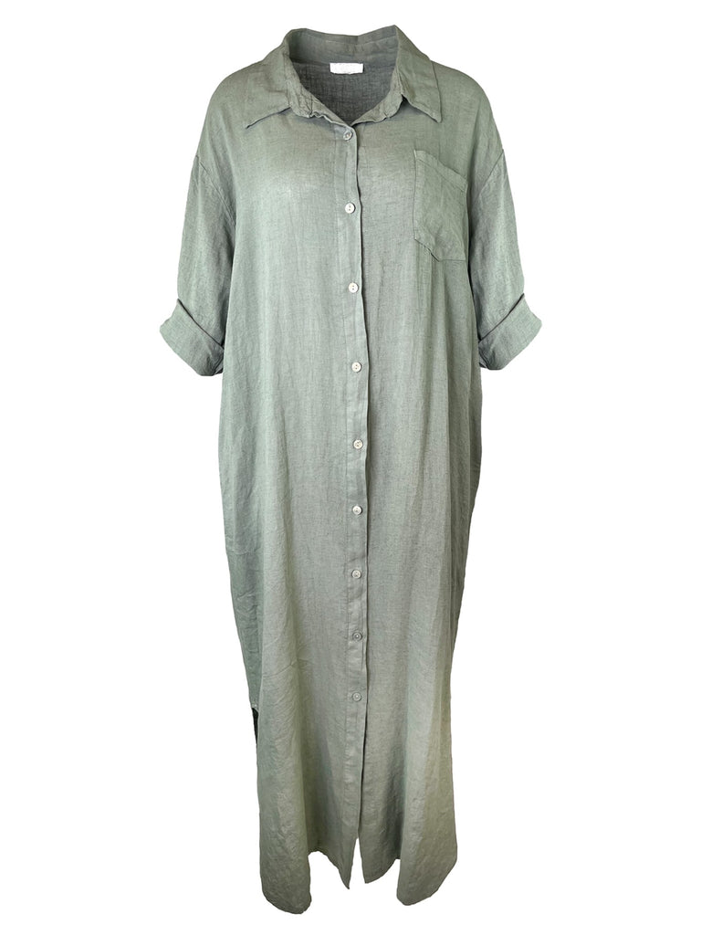 Kleid Leinen lang, oliv, Knopfleiste, Ansicht vorn
