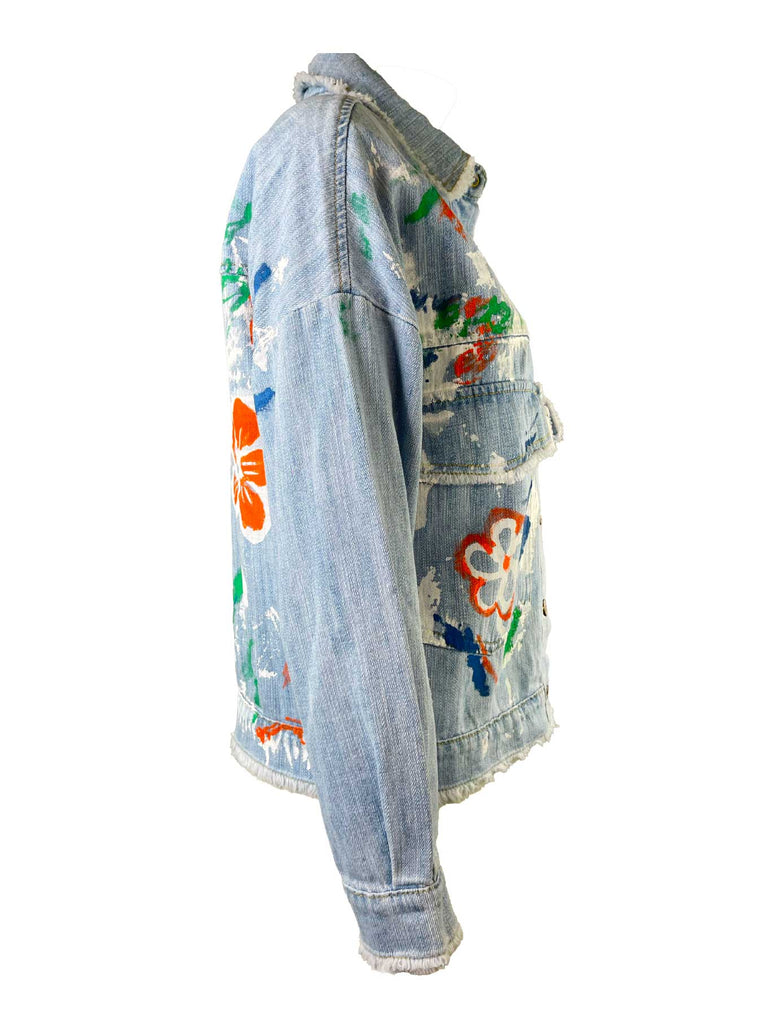 Jeansjacke mit Blumen Print, hellblau, Ansicht Seite