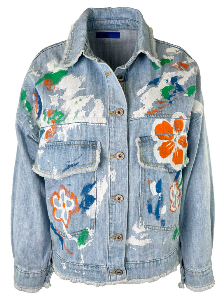 Jeansjacke mit Blumen Print, hellblau, Ansicht vorn