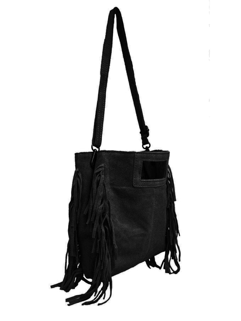 Tasche mit seitlichen Fransen schwarz, Ansicht seitlich