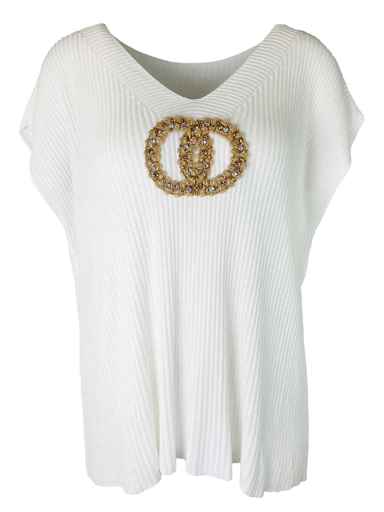 Shirt Feinstrick weiß, goldfarbene Applikation, Ansicht vorn