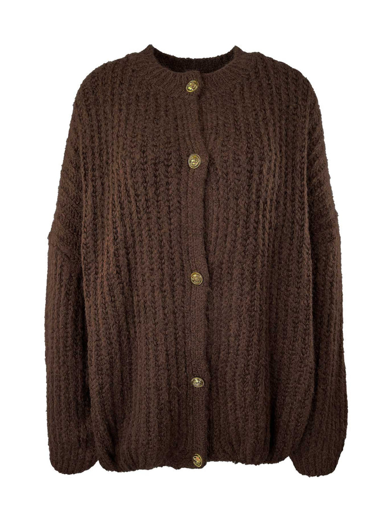 Strickjacke Goldknopf Rippstrick schokobraun, Ansicht vorne