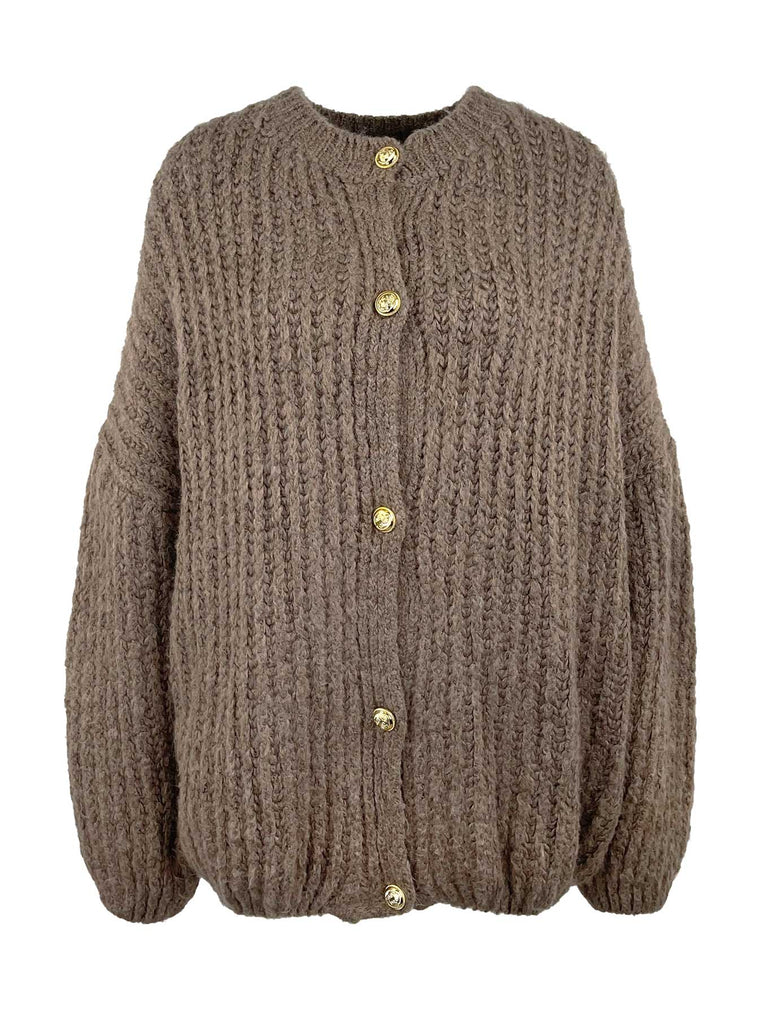 Strickjacke Goldknopf Rippstrick taupe, Ansicht vorn