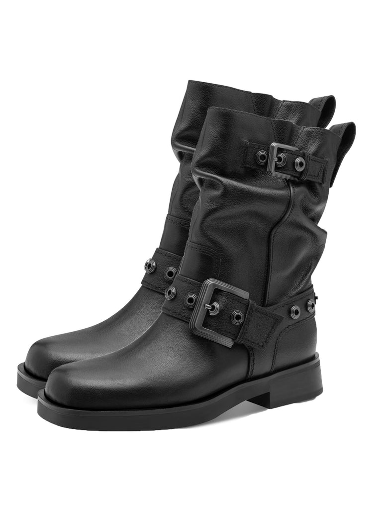 Boot black leather, Paar-Ansicht seitlich